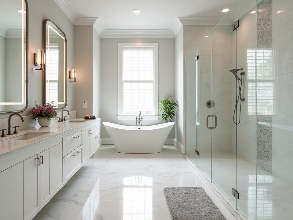 Luxury spa bathroom renovation featuring walk-in glass shower, marble tile walls, freestanding soaking tub, modern fixtures, and elegant vanity